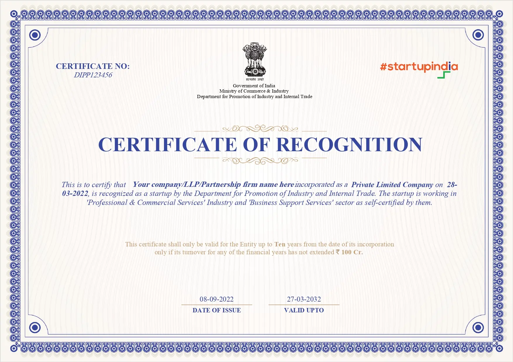 Example startup India certificate